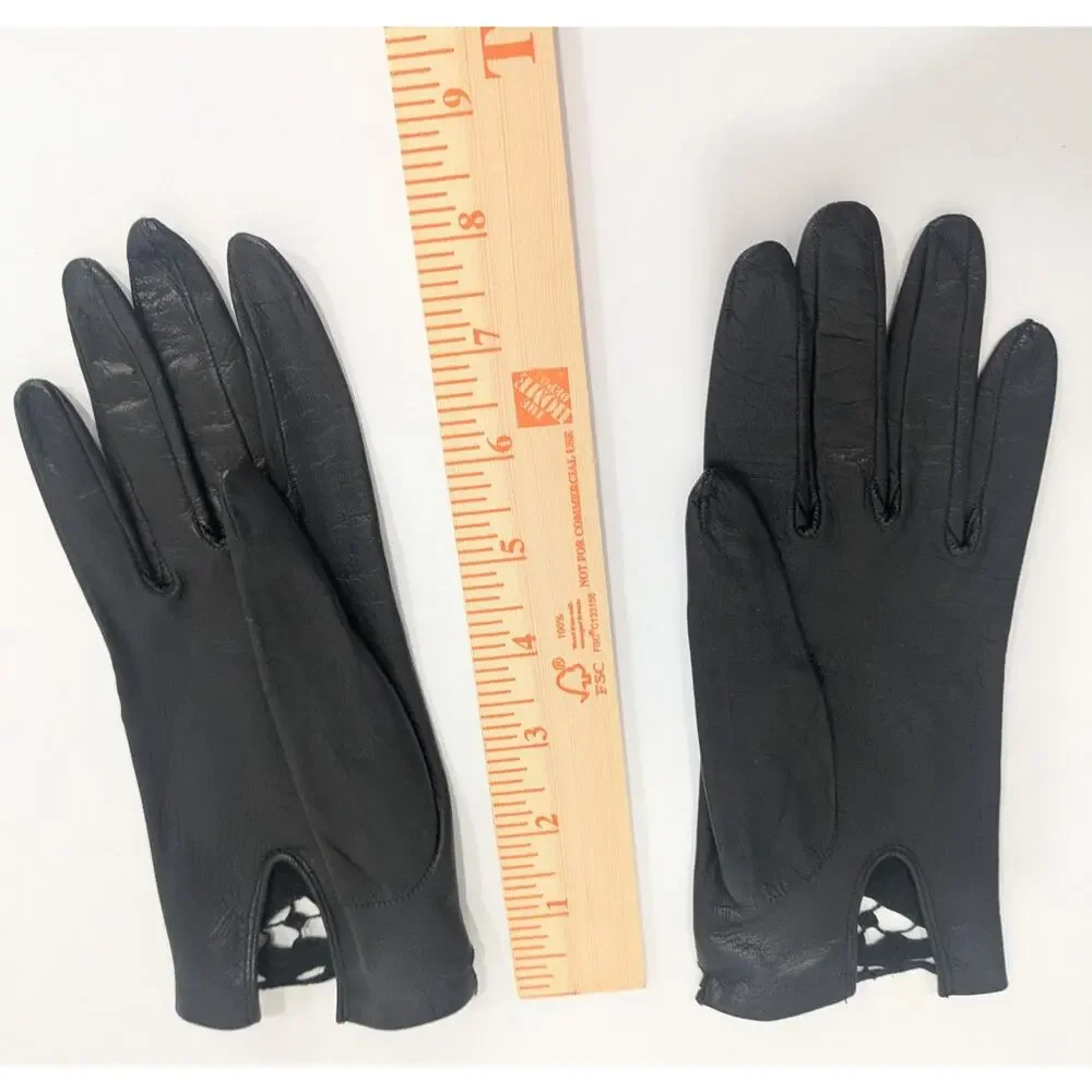 Vintage 1950s Black Soft Kidskin Leather Gloves Crochet Lace Inset Cutout Wrist